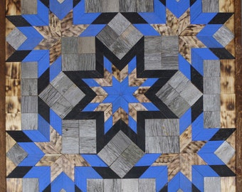 Amish Barn Quilt Wandkunst 88 x 32 cm Große Kobalt Blau und Schwarz Starburst