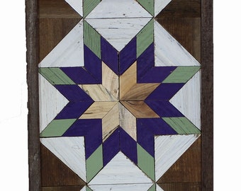 Amish Barn Quilt Wall Art 30 x 10.5 Green and Purple Stars