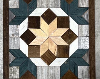 Amish Barn Quilt Wall Art 30 x 10.5 Blueish Green and Brown Starburst