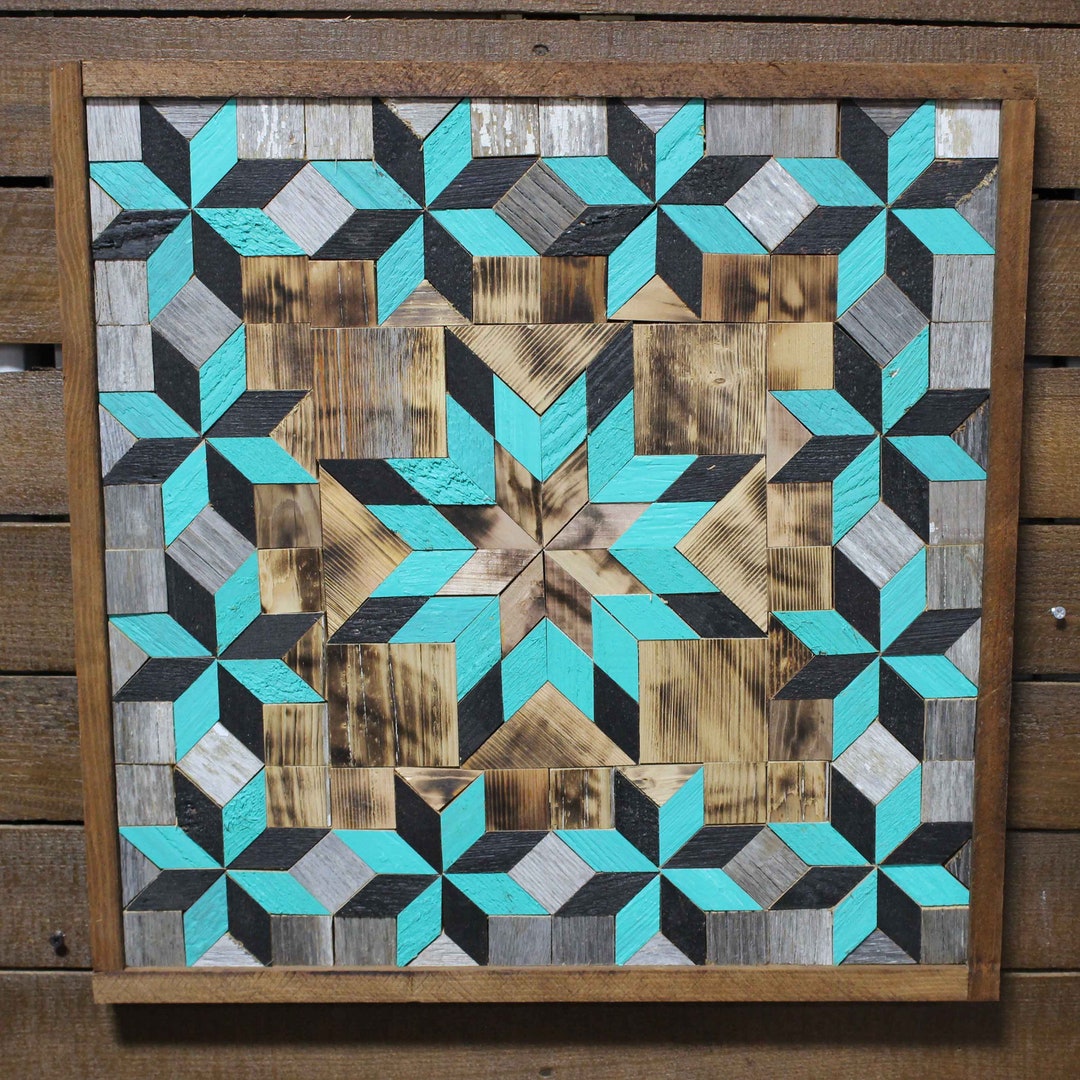 Amish Barn Quilt Wall Art 20.5 X 20.5 Turquoise and Black Star Etsy