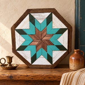Turquoise & Copper Octagon Star Barn Quilt Wall Art, 10.5 Inch Amish Reclaimed Wood