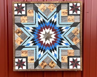 Amish Handmade Wood Barn Quilt: Türkis, Rot, Blau Lone Star