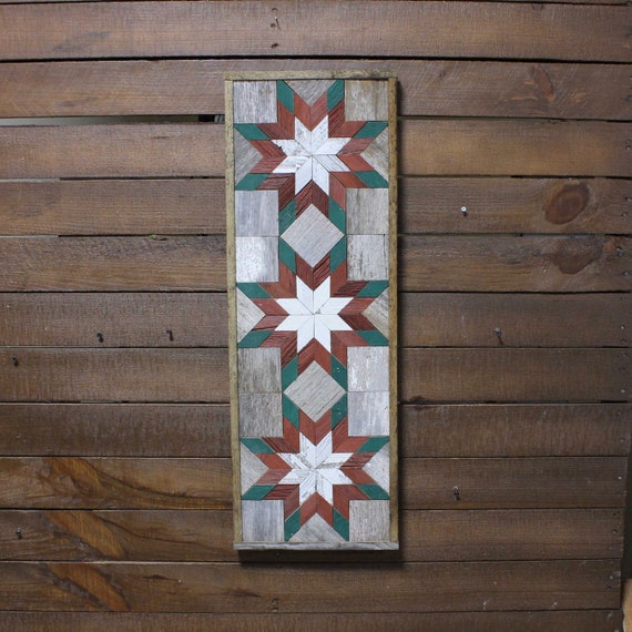 Amish Barn Quilt Wall Art 30 X 10.5 Red and Green Stars Etsy