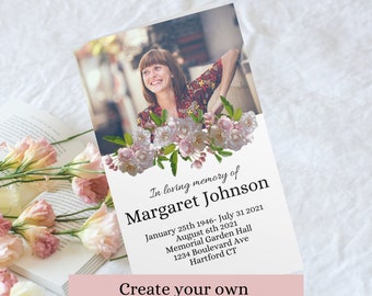 Editable Funeral Program Template, Pink Roses Obituary (Canva Printable)