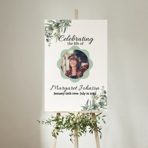 Modèle de signe funéraire, Canva imprimable, nécrologie modifiable, en mémoire aimante, perte de mère, perte de père, célébration de la vie vert SG03