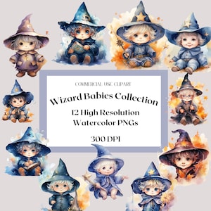 Clipart z akwarelowymi czarodziejami | Natychmiastowe pobieranie | Przezroczyste PNG | Ujawnienie płci | Baby Shower | Użytek komercyjny | Magiczni czarodzieje WCA01