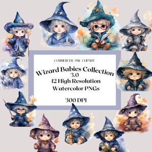 Clipart z akwarelowymi czarodziejami | Natychmiastowe pobieranie | Przezroczyste PNG | Ujawnienie płci | Baby Shower | Użytek komercyjny | Magiczni czarodzieje WCA03