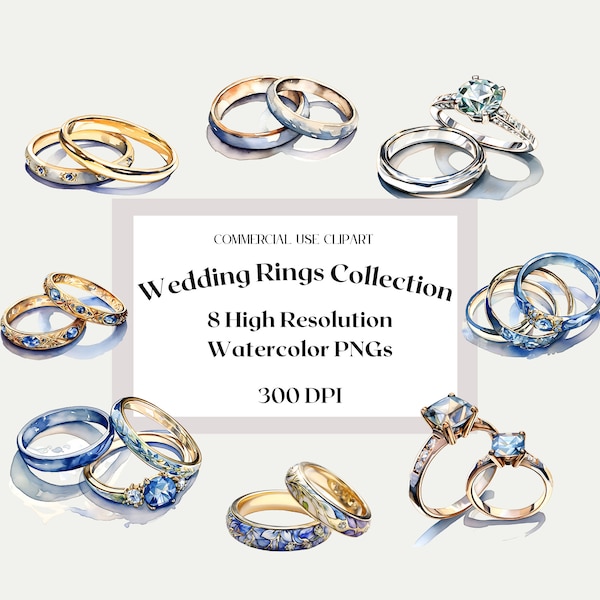 Watercolor Wedding Rings clipart, Bridal, Bachelorette , Commercial Use, Transparent PNGs Clipart,  high quality, instant download CA08