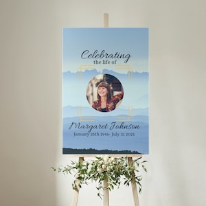 Modèle de signe funéraire, Canva imprimable, nécrologie modifiable, en mémoire aimante, perte de mère, perte de père, célébration de la vie bleu SG05