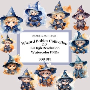 Clipart z akwarelowymi czarodziejami | Natychmiastowe pobieranie | Przezroczyste PNG | Ujawnienie płci | Baby Shower | Użytek komercyjny | Magiczni czarodzieje WCA02