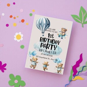 Lustige Teddybär Geburtstagseinladung|Blaue Luftballons Vorlage|anpassbare Partykarte, Sofortiger Download bearbeitbar Danke| Flugzeug Blau BPI06