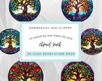Gebrandschilderd glas levensboom clipart, commercieel gebruik (digitale download)