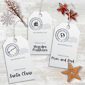 Tag feitos sob encomenda do presente de época natalícia do carimbo postal | Etiqueta de Natal | Presente do Papai Noel | imprimível | Tags de/para | Download instantâneo | Etiquetas para presentes personalizadas GT03