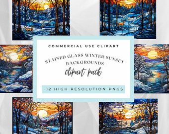 Winter Sunset Stained Glass Clipart, Commercial Use (PNGs)