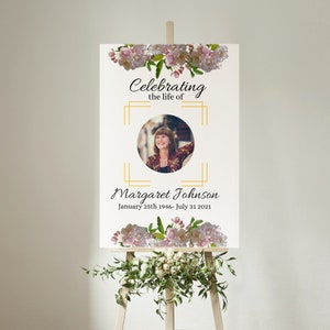 Modèle de signe funéraire, Canva imprimable, nécrologie modifiable, en mémoire aimante, perte de mère, perte de père, célébration de la vie roses SG04