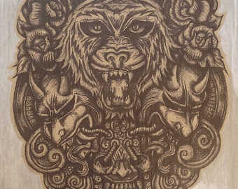Shield Bear Face Devil Tattoo Artwork Amazon Cardboard Art Print Silver Sharpie Drawing Illustration