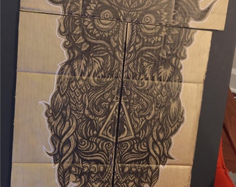 Owl Pen Ink Tattoo Artwork Amazon Cardboard Art Print Bronze  Gold Sharpie Drawing Illustration