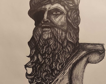 Greek Style Statue Head Bust Ink Drawing Sketching Black Ink on Paper, Tattoo Sketch Style