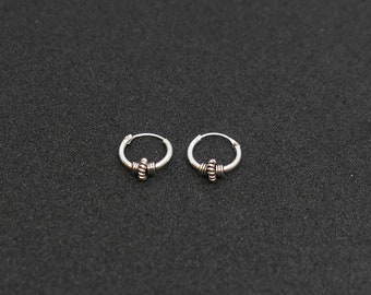 8 mm Bali Hoop Twist Beaded Design Small Hinged Sleeper Earrings 925-Sterling Silver