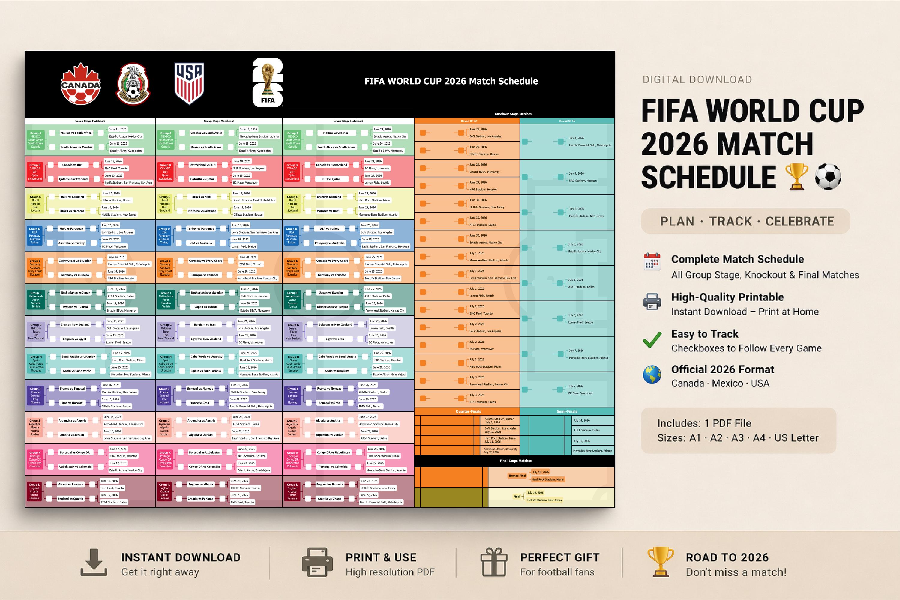 World Cup 2026 Schedule Planner, Printable Soccer Tournament Bracket
