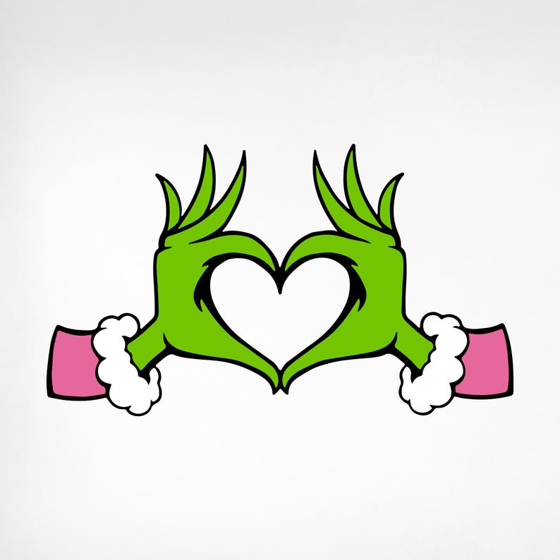 May include: Green cartoon hands making a heart shape with pink sleeves.