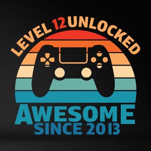 Niveau 12 ontgrendeld Svg, 12e verjaardag jongen Svg, verjaardag Svg, 12 jaar oude Svg, videogame Svg, videogamecontroller Joystick Svg, png, Cricut