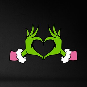 May include: Green cartoon hands making a heart shape with pink sleeves.