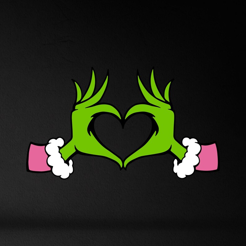 May include: Green cartoon hands making a heart shape with pink sleeves.