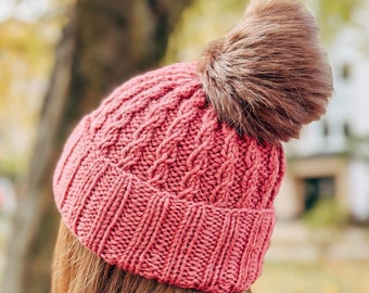 Patrón de tejido, patrón de tejido de gorro de cable fácil, patrón de tejido de gorro holgado de invierno sencillo, patrón de gorro de regalo de tejido rápido en PDF