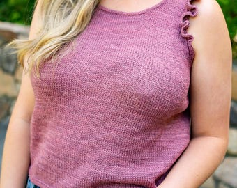 Summer Tank Top Knitting Pattern, Ruffle Sleeves Camisole Knit Pattern, Knit Shell Top Pattern, Frill Vest Top, Sleeveless Knit Blouse