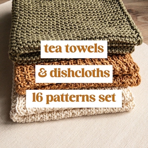 May include: A stack of three knitted tea towels and dishcloths in green, orange, and white. The text "tea towels & dishcloths 16 patterns set" is printed on the bottom towel.