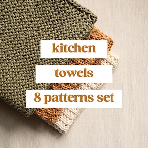 May include: A set of eight knitted kitchen towels in green, beige, and brown. The towels are stacked on top of each other and have the text "kitchen towels 8 patterns set" written on them.
