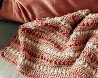 Patrón de manta de crochet, patrón de manta de crochet fácil para bebés para principiantes, manta de bebé con pompones a rayas, patrón de manta de crochet simple para bebés