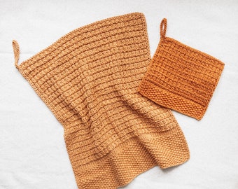 Simple Textured Kitchen Towel and Dishcloth Knitting Pattern for Beginners, Easy Knit Hand Towel Pattern, Rustic Cotton Kitchen Towel