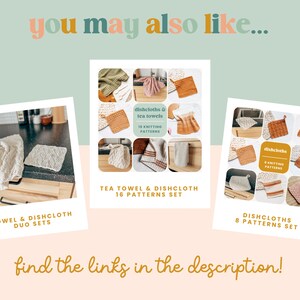 May include: Three digital images of knitting patterns for dishcloths and tea towels. The first image shows a white dishcloth and tea towel on a kitchen counter. The second image shows a collage of 16 knitting patterns for dishcloths and tea towels. The third image shows a collage of 8 knitting patterns for dishcloths. The text on the images reads "dishcloths & tea towels 16 knitting patterns", "tea towel & dishcloth 16 patterns set", "dishcloths 8 knitting patterns", and "dishcloths 8 patterns set".