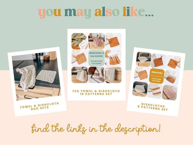 May include: Three digital images of knitting patterns for dishcloths and tea towels. The first image shows a white dishcloth and tea towel on a kitchen counter. The second image shows a collage of 16 knitting patterns for dishcloths and tea towels. The third image shows a collage of 8 knitting patterns for dishcloths. The text on the images reads "dishcloths & tea towels 16 knitting patterns", "tea towel & dishcloth 16 patterns set", "dishcloths 8 knitting patterns", and "dishcloths 8 patterns set".