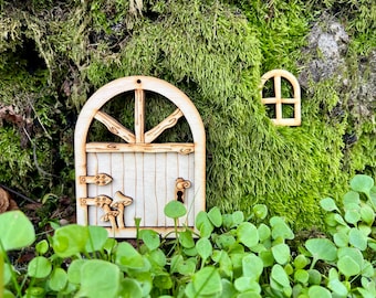 Puerta de Hadas - Kit de autoensamblaje de arco de madera de 9,5 cm con puerta de hadas 3D, arco de troncos, cerradura, manija y ventana independiente