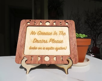 Letrero de cabaña/hogar - Instrucciones para huéspedes: Sin grasa en el sistema séptico - Marco de fase lunar