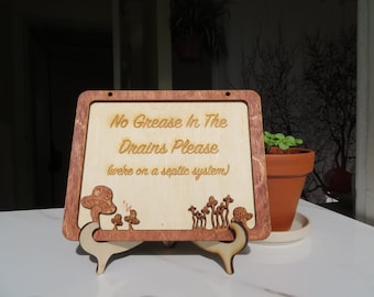 Letrero de cabaña/hogar - Instrucciones para huéspedes: Sin grasa en el sistema séptico - Marco de hongo