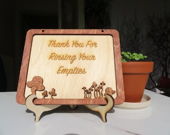 Letrero de cabaña / Letrero de casa - Instrucciones para huéspedes: Reciclaje de latas y botellas - Marco de hongo