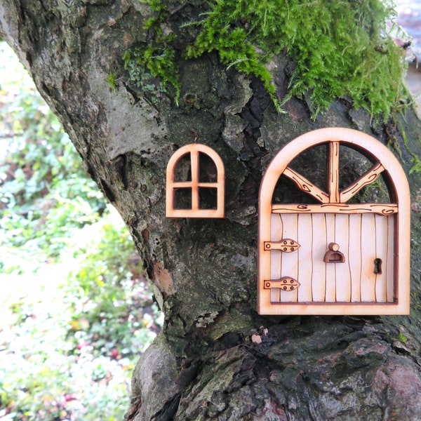 Fairy Door - Fairy Garden Mini DIY Self-Assembly Kit with 3D Fairy Door, Log Archway, Key Hole, Door Knocker, and Separate Window.