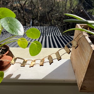 May include: A Pilea peperomioides plant with large, round, green leaves in a brown pot. A wooden garland with small, light-colored wooden shapes hangs between the plant and a wooden planter box with green plants.