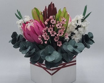 Paper Flower bouquet box, ICU, cancer patient friendly, Handmade Proteas, Eucalyptus flower arrangement Birthday gift Anniversary flowers