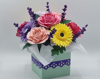 Paper Flower bouquet box Handmade Roses Gerberas Lavender Flower arrangement Birthday gift Anniversary flowers special fragrance free unique