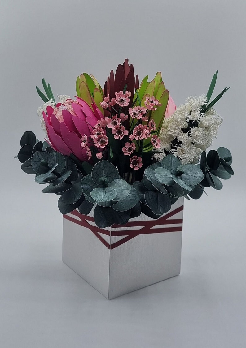 Paper Flower bouquet box Handmade Proteas Bottle brush wax flowers Eucalyptus flower arrangement Birthday gift Anniversary flowers image 2