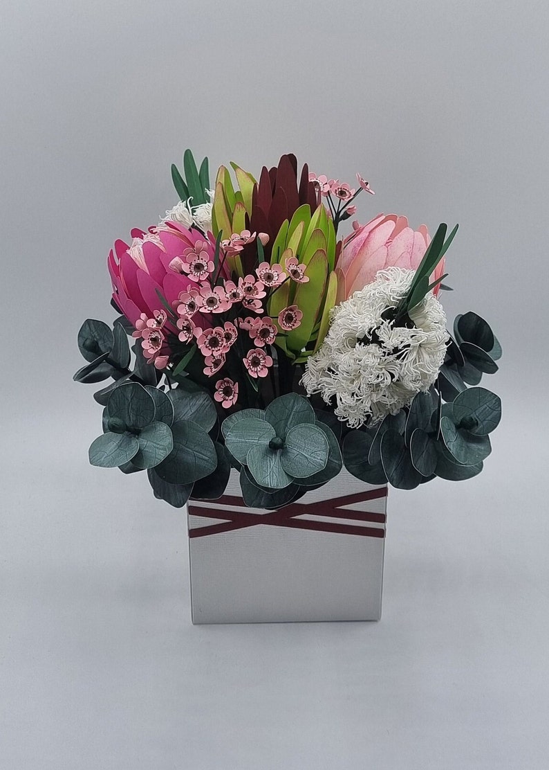 Paper Flower bouquet box Handmade Proteas Bottle brush wax flowers Eucalyptus flower arrangement Birthday gift Anniversary flowers image 7