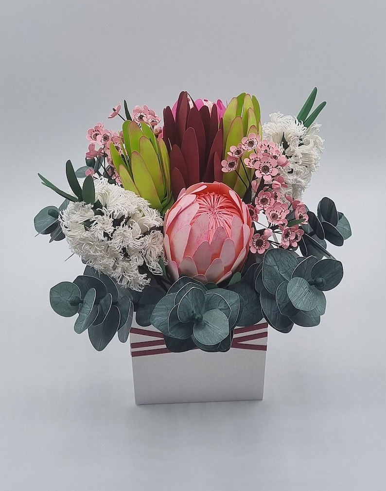 Paper Flower bouquet box Handmade Proteas Bottle brush wax flowers Eucalyptus flower arrangement Birthday gift Anniversary flowers image 5