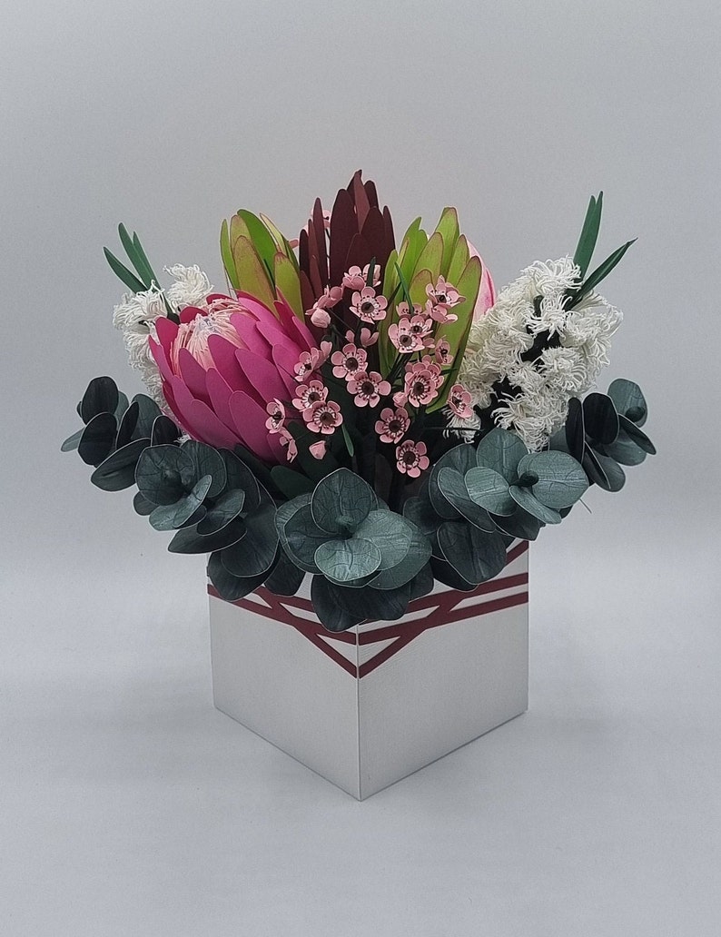 Paper Flower bouquet box Handmade Proteas Bottle brush wax flowers Eucalyptus flower arrangement Birthday gift Anniversary flowers image 9