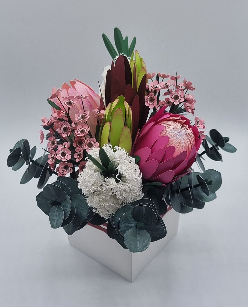 Paper Flower bouquet box Handmade Proteas Bottle brush wax flowers Eucalyptus flower arrangement Birthday gift Anniversary flowers image 8