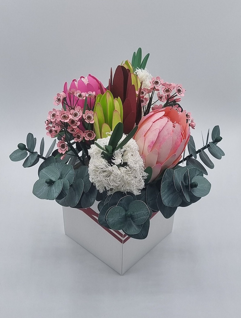 Paper Flower bouquet box Handmade Proteas Bottle brush wax flowers Eucalyptus flower arrangement Birthday gift Anniversary flowers image 6